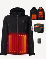Women's heated jacket displaying temperature control settings and battery functionality for optimal warmth.