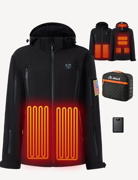 Women's heated jacket displaying temperature control settings and battery functionality for optimal warmth.